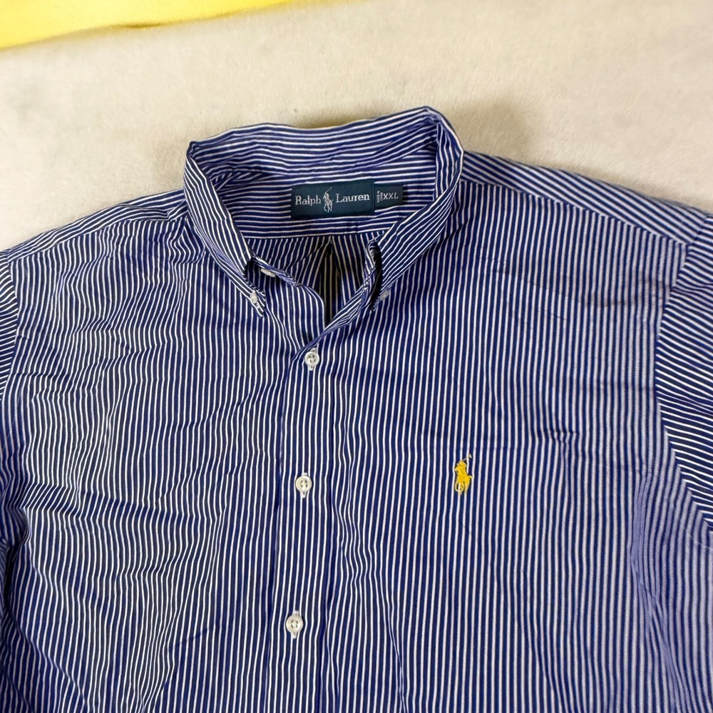 Ralph Lauren Mens XXL Blue White Striped Button Down Shirt Yellow Pony Logo